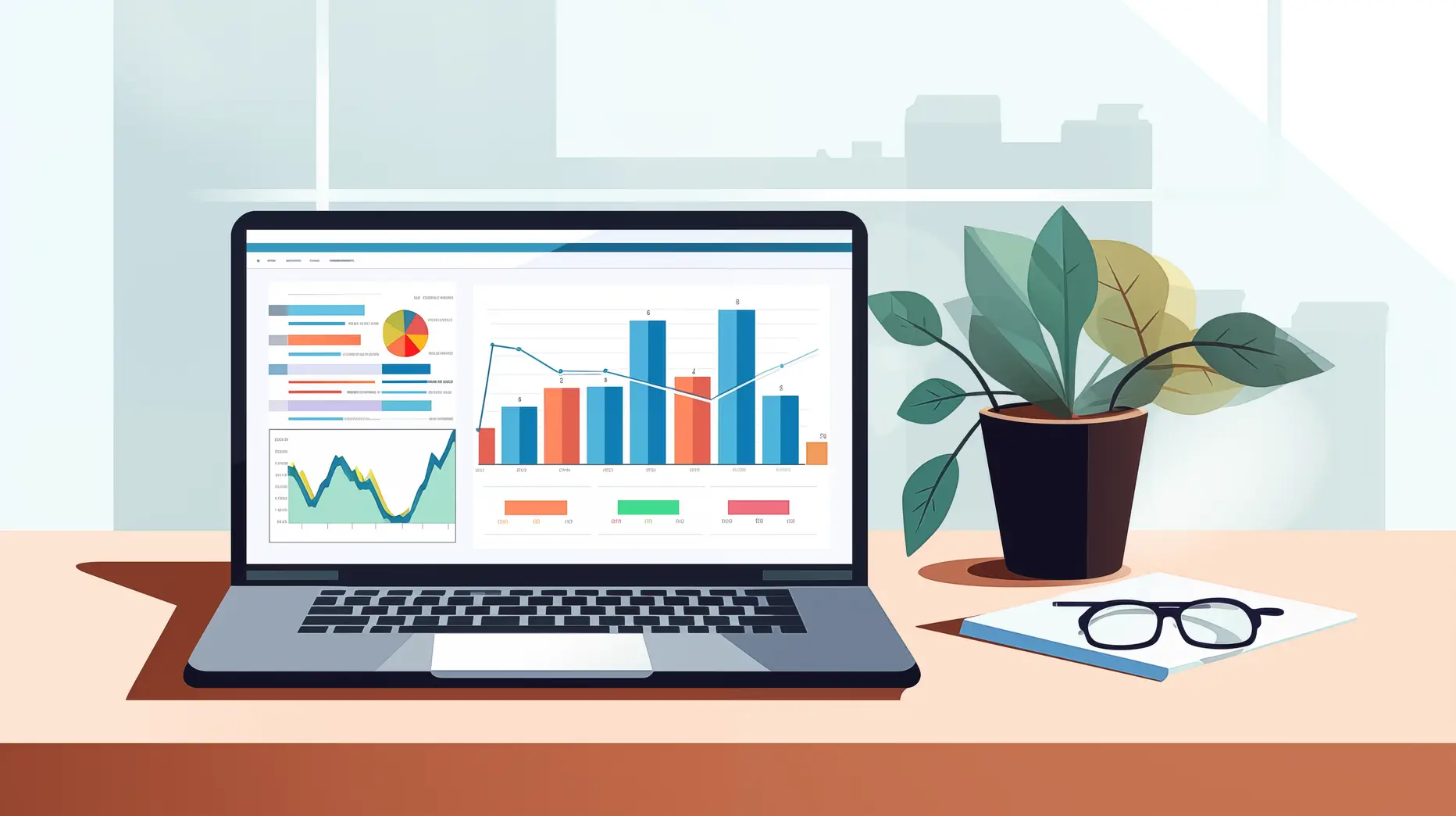 Laptop with charts and graphs on the screen with plant and glasses next to the computer