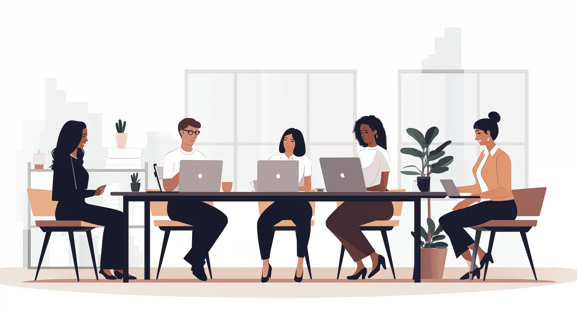 Startup employees working together on a project at a meeting room desk with laptops