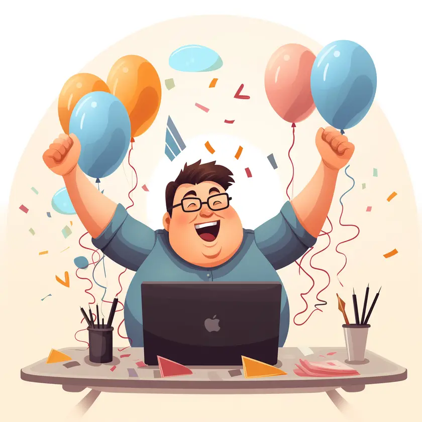 Young heavy-set White man celebrating at his desk