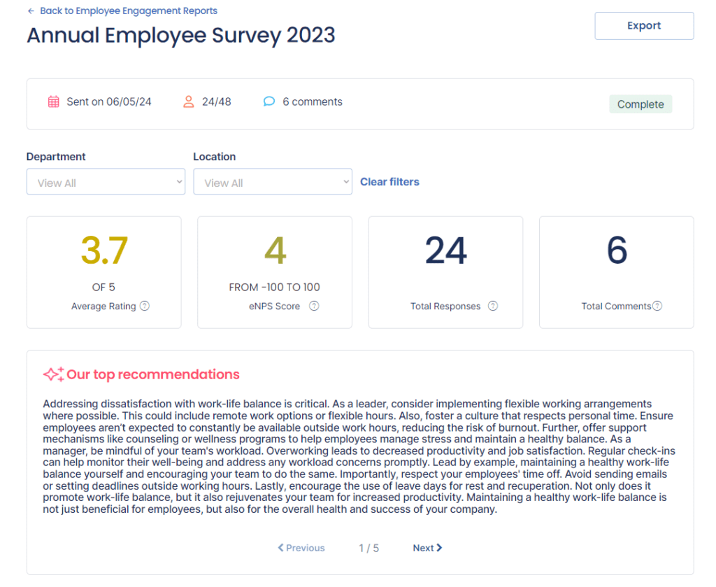 Employee Engagement Report Preview from Peoplelytics