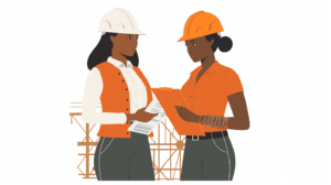 Two women discussing workplace safety protocols