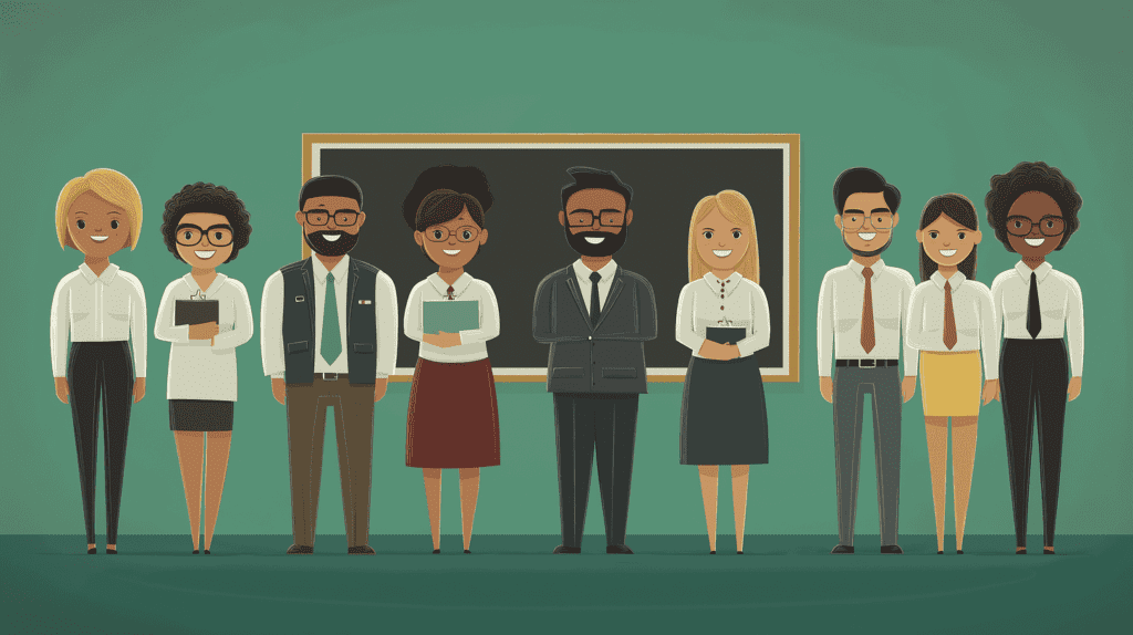 Group of diverse teachers smiling in front of a chalkboard