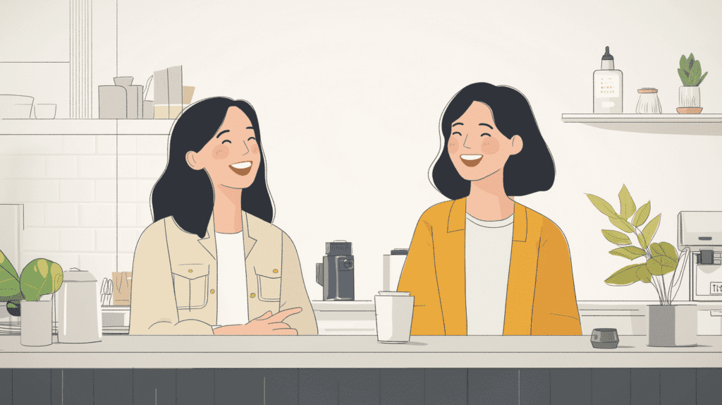 Two Asian female colleagues laughing and talking with each other in company kitchen area