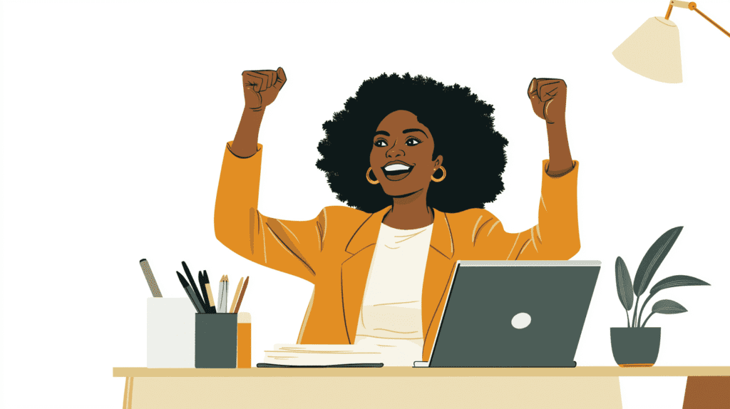 Woman at her desk celebrating success