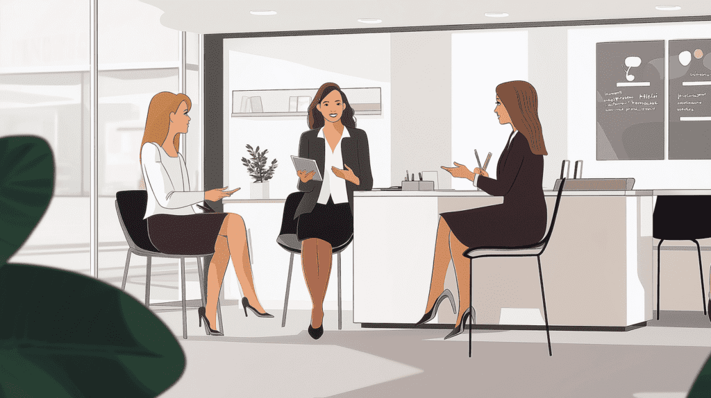 Female executives talking in office setting