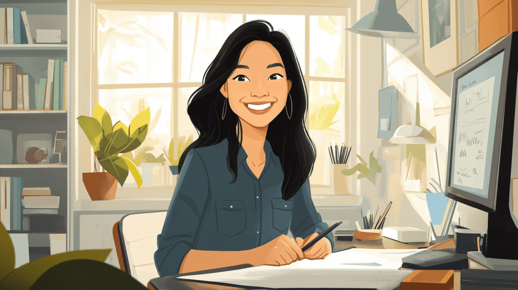 Asian woman working at her desk in her home office