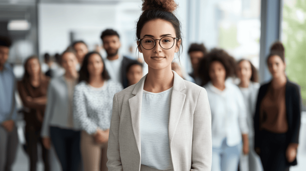 New manager standing in front of her team at the office